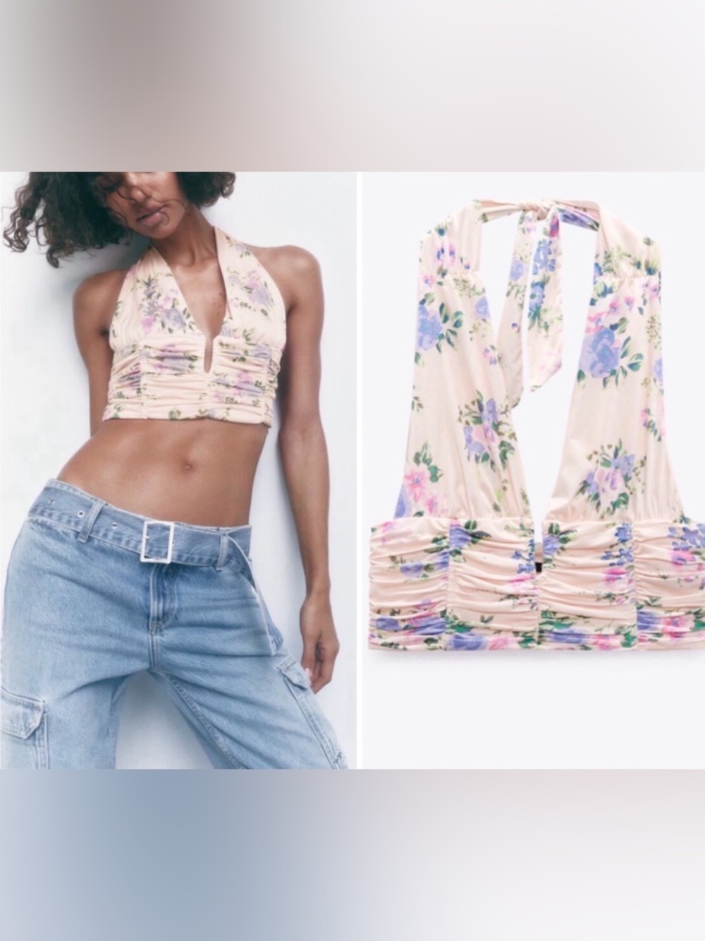 Zara NWT pink floral halter crop top, XS